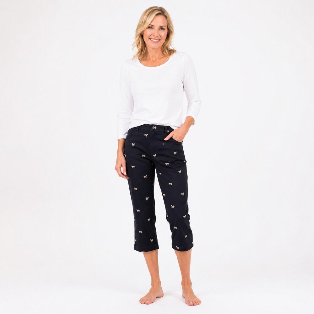 Coldwater Creek Womens Petite Capri Pants Black Tan Embroidered Zebra Print P12